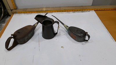 Lot 86 - BOX OF OIL CANS , OIL JUG, 3X BEER TAPS
