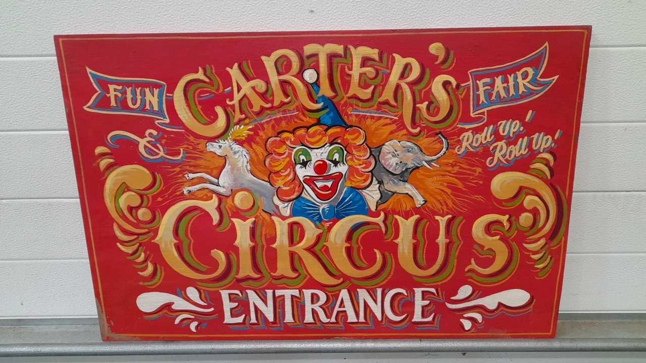 Lot 170 - CARTERS FUN FAIR ENTRANCE WOODEN HAND PAINTED SIGN 32" X 21"