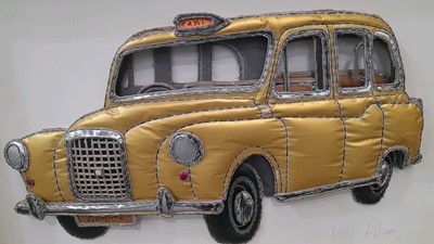 Lot 161 - GOLD TAXI CREATED  USING RECYCLED FABRIC & CARDBOARD 43" X 30"