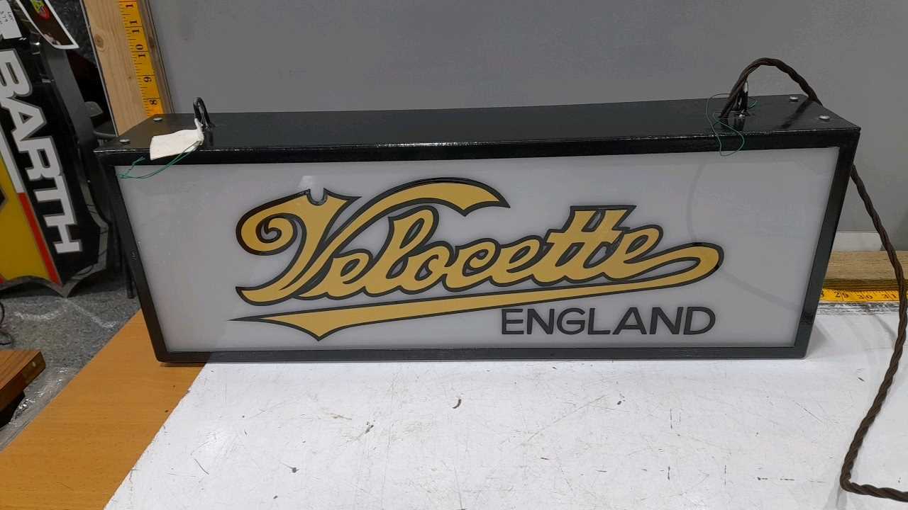 Lot 200 - VELOCETTE ENGLAND  LIGHT UP SIGN 25"X9"