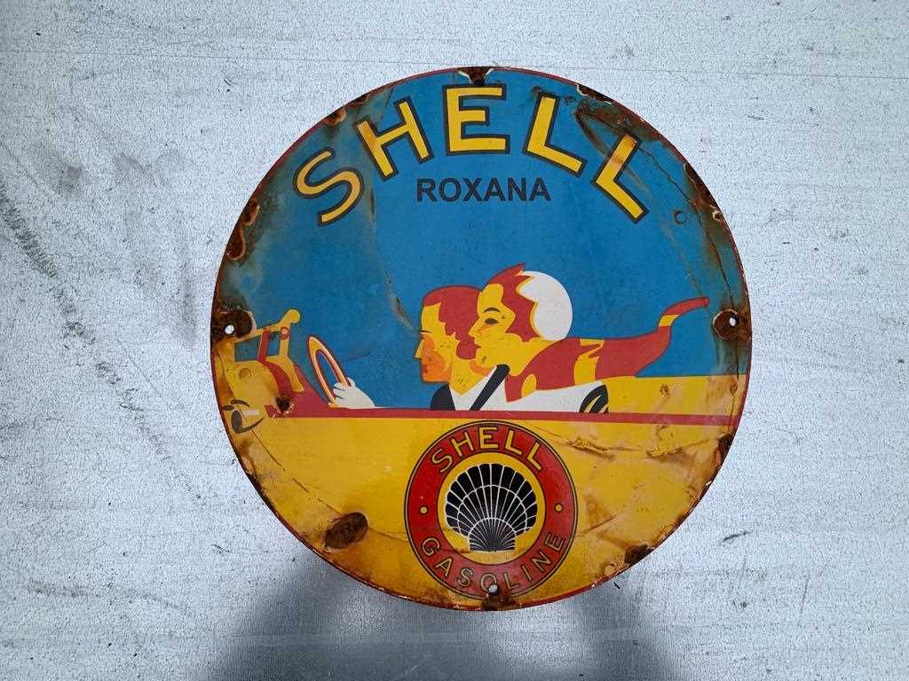 Lot 149 - SHELL ROXANA GASOLINE ENAMEL SIGN  12" DIA