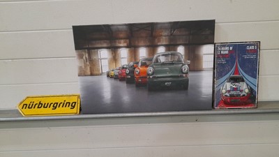 Lot 57 - PORSCHE 911 CANVAS , PORSCHE LE MANS METAL WALL PLAQUE & NURBURGRING WALL PLAQUE