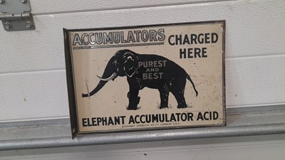 Lot 346 - ELEPHANT ACCUMULATOR ACID TIN SIGN  ( DOUBLE SIDED HANGING )  13" X 9"