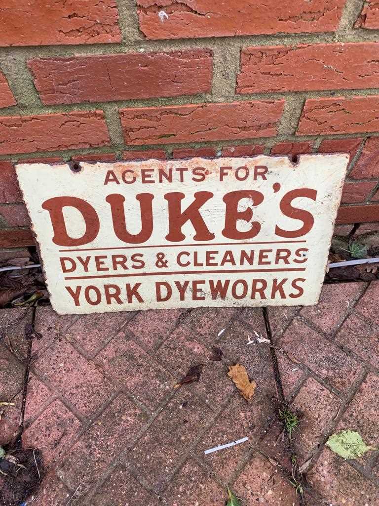 Lot 70 - DUKE'S DYERS & CLEANERS DOUBLE SIDED ENAMEL SIGN  20" x 12"
