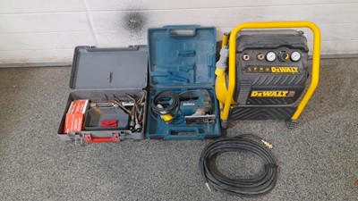 Lot 53 - DEWALT 110 VOLT AIR COMPRESSOR,MAKITA 110 VOLT JIG SAW AND OXYACETYLENE NOZZLES