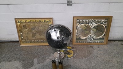 Lot 43 - TWO BRASS + COPPER INLAID FRAMED OFFICE MAPS, GLOBE & TRENCH ART