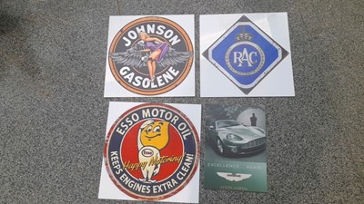 Lot 157 - RAC,JOHNSON GASOLINE,ESSO MOTOR OIL, ASTON MARTIN PERSPEX WALL FILLER SIGNS