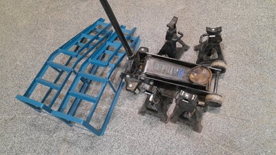 Lot 238 - 3 TON TROLLEY JACK 4X AXLE STANDS & PAIR OF CAR RAMPS WITH EXTENSIONS