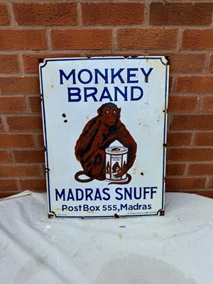 Lot 554 - MONKEY BRAND MADRAS SNUFF ENAMEL SIGN 24" X 18"