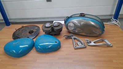 Lot 569 - BSA FUEL TANK , SIDE PANELS, CYLINDER HEAD, BOX OF LAMPS & LENSES