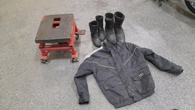 Lot 63 - MOTORCYCLE LIFT, 2 PAIRS OF BOOTS & JACKET