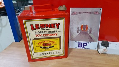 Lot 823 - LESNEY PAINTED PETROL CAN & BP TIN SIGN 11" x 8"