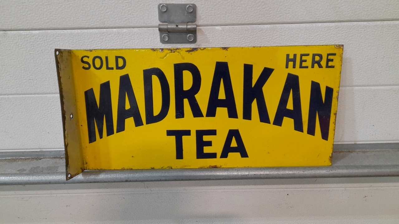 Lot 333 - MADRAKAN TEA DOUBLE-SIDED ENAMEL SIGN 19" X 9"