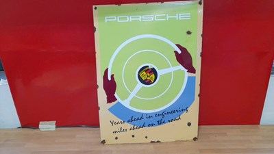 Lot 259 - PORSCHE YEARS AHEAD IN ENGINEERING ENAMEL SIGN 20" x 15"