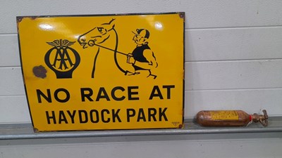 Lot 313 - AA NO RACE AT HAYDOCK PARK ENAMEL SIGN 24" X 18" & FIRE EXTIGUISHER