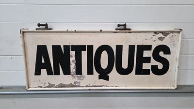 Lot 131 - WOODEN HAND PAINTED , DOUBLE SIDED ANTIQUES SIGN 45" X 18"
