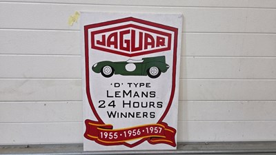 Lot 339 - WOODEN HAND PAINTED JAGUAR LE MANS 24 HOUR SIGN 28" X 20"