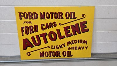 Lot 359 - WOODEN HAND PAINTED AUTOLENE FORD MOTOR OIL SIGN 28" X 20"