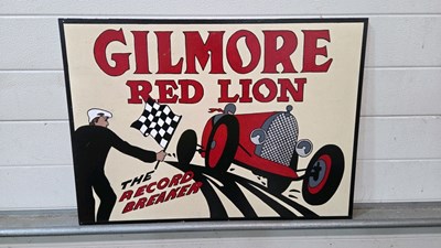 Lot 611 - WOODEN HAND PAINTED GILMORE RED LION SIGN 28" X 20"