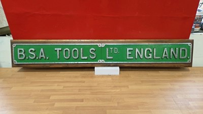 Lot 121 - CAST BSA TOOLS LTD ENGLAND SIGN ON WOODEN PLINTH 41" X 6"