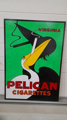 Lot 573 - WOODEN HAND PAINTED PELICAN CIGARETTES SIGN 28" X 20"