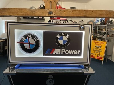 Lot 75 - LARGE ILLUMINATED BMW M POWER SIGN WITH CLOCK 50" X 25"