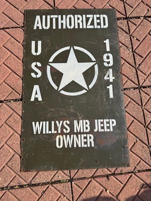 Lot 569 - WILLY MB JEEP OWNER , USA 1941 SIGN 37.5" X 22.5"