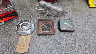 Lot 625 - JAGUAR STATUE , CLOCKS & TOOL KIT