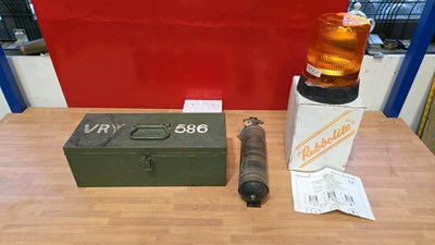 Lot 277 - OLD STYLE CAR FIRE EXTINGUISHER, FLASHING BEACON & AMMO BOX