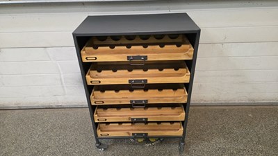 Lot 811 - INDUSTRIAL 5 SHELF WINE RACK BAR ON CASTOR WHEELS 35" X 25" x 14"