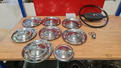 Lot 453 - MINI WHEEL TRIMS , MERCEDES BONNET BADGE , JAGUAR XJ6 STEERING WHEEL
