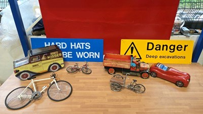 Lot 877 - SELECTION OF SIGNS , TIN TOYS & MODEL BICYCLES