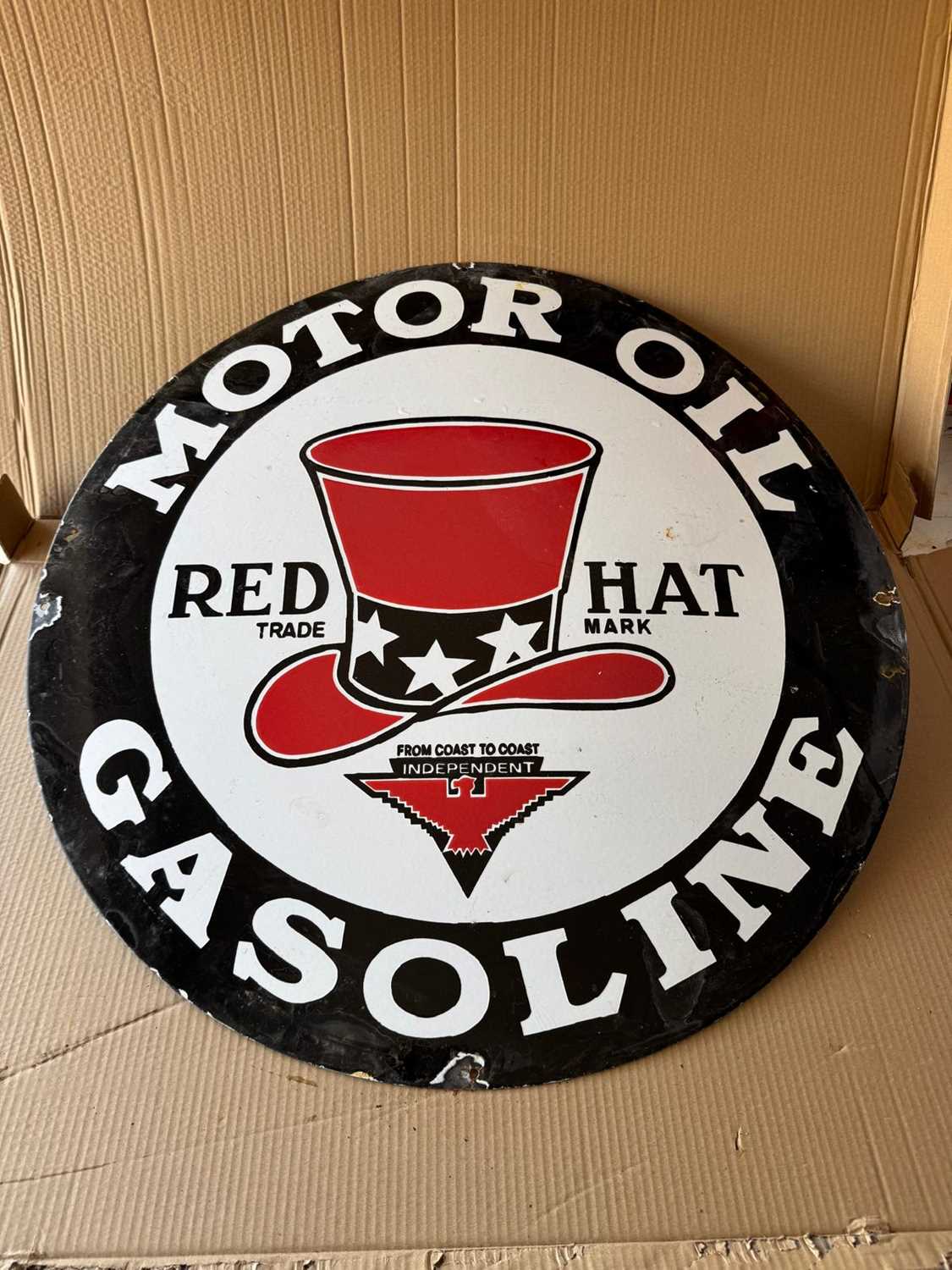 Lot 201 - RED HAT MOTOR OIL ENAMEL SIGN 30" DIA
