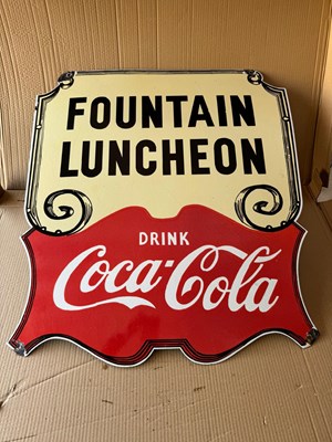 Lot 883 - FOUNTAIN LUNCHEON COCA-COLA ENAMEL SIGN 30" X 27"