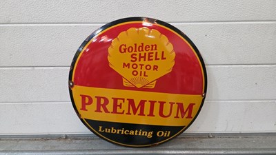 Lot 525 - GOLDEN SHELL MOTOR OIL PREMIUM ENAMEL SIGN 16" DIA