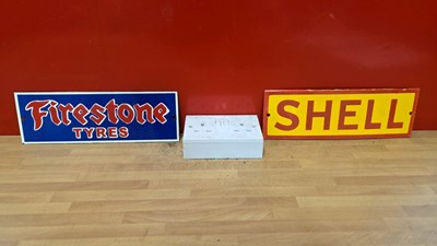 Lot 367 - SMALL SHELL & FIRESTONE TYRES ENAMEL SIGNS 12" X 4"