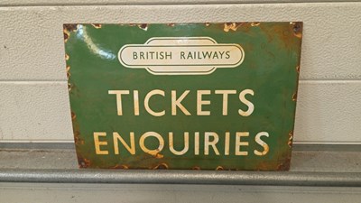 Lot 623 - BRITISH RAILWAYS TICKETS ENQUIRES ENAMEL SIGN 14" X 10"
