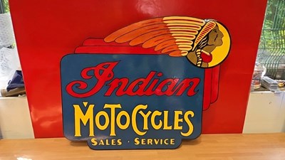 Lot 191 - INDIAN MOTOR CYCLES WOODEN HAND PAINTED SIGN 23" X 28"