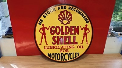 Lot 431 - GOLDEN SHELL LUBRICATING OIL FOR MOTOR CYCLES HAND PAINTED SIGN