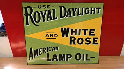 Lot 679 - ROYAL DAYLIGHT LAMP OIL WOODEN HAND PAINTED SIGN 20" X 24"