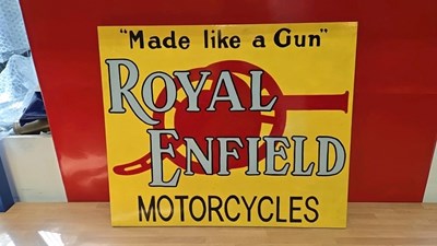 Lot 737 - ROYAL ENFIELD MOTOR CYCLES WOODEN HAND PAINTED SIGN 20" X 24"