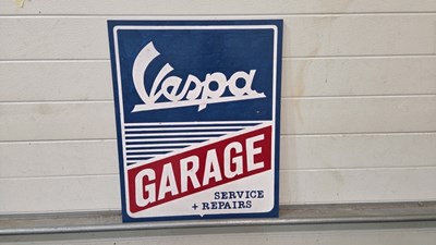 Lot 600 - WOODEN HAND PAINTED VESPA GARAGE SIGN 24" X 20"