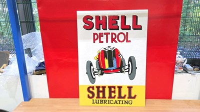 Lot 445 - WOODEN HAND PAINTED SHELL PETROL SIGN 28" X 20"