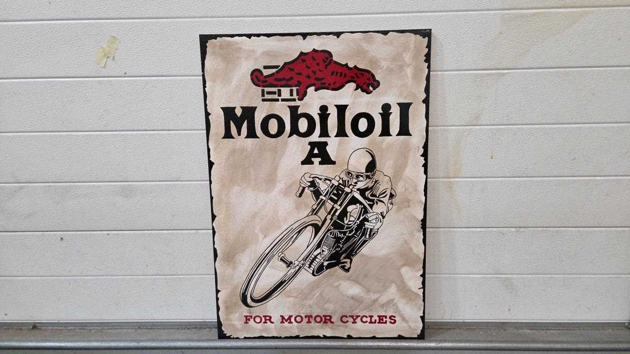 Lot 403 - WOODEN HAND PAINTED MOBILOIL A MOTORCYCLE OIL SIGN 28" X 20"