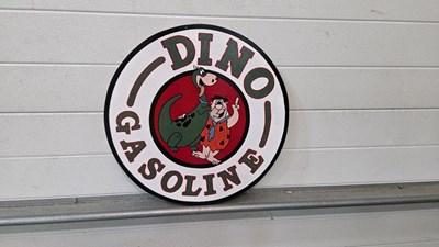 Lot 437 - WOODEN HAND PAINTED DINO GASOLINE SIGN 19" DIA
