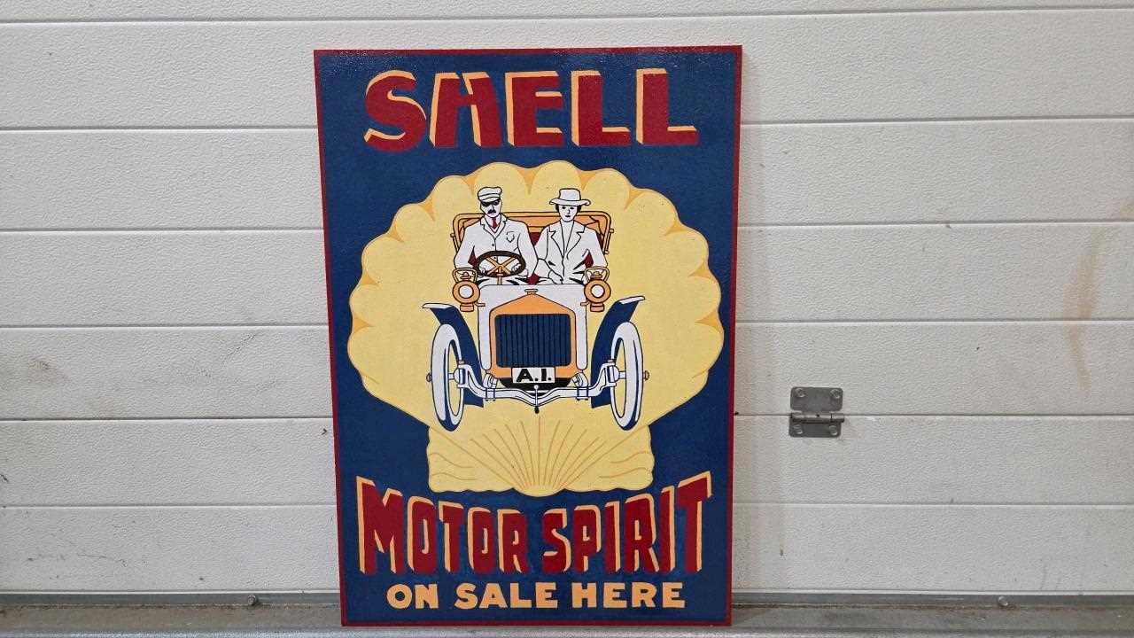 Lot 639 - WOODEN HAND PAINTED SHELL MOTOR SPIRIT SIGN 28" X 20"