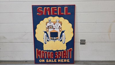 Lot 639 - WOODEN HAND PAINTED SHELL MOTOR SPIRIT SIGN 28" X 20"
