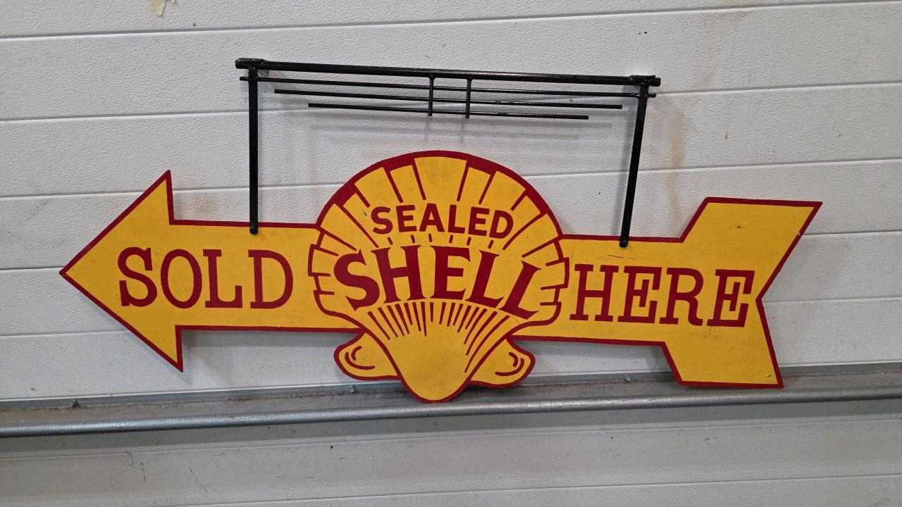 Lot 663 - HAND PAINTED SHELL SOLD HERE, DOUBLE SIDED METAL SIGN 48" X 21"