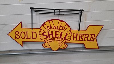 Lot 663 - HAND PAINTED SHELL SOLD HERE, DOUBLE SIDED METAL SIGN 48" X 21"