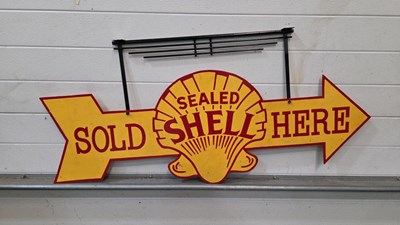 Lot 663 - HAND PAINTED SHELL SOLD HERE, DOUBLE SIDED METAL SIGN 48" X 21"